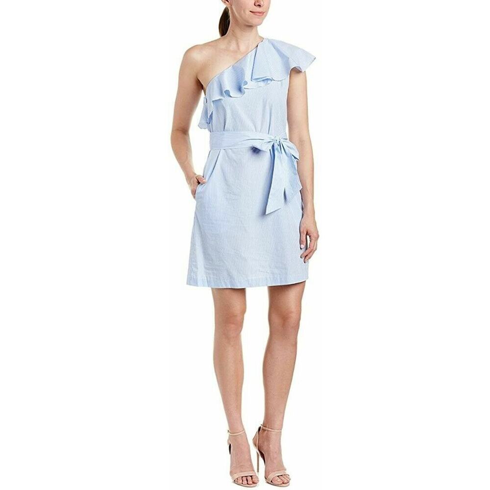 Donna Morgan Women's One Shoulder RUFFLE Belted DRESS Size 14 Blue Striped